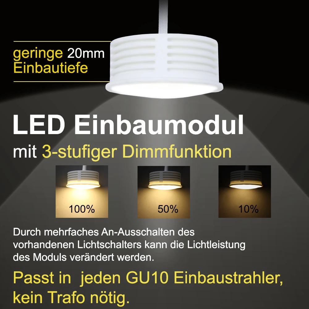 LHG Lights 3-er Set LED Einbaumodul dimmbar über vorhandenem Lichtschalter Switchmo 5W 400 Lumen 3000 Kelvin Ersatz für GU10 Leuchtmittel Höhe 2,5 cm Durchmesser 5cm – Bild 2