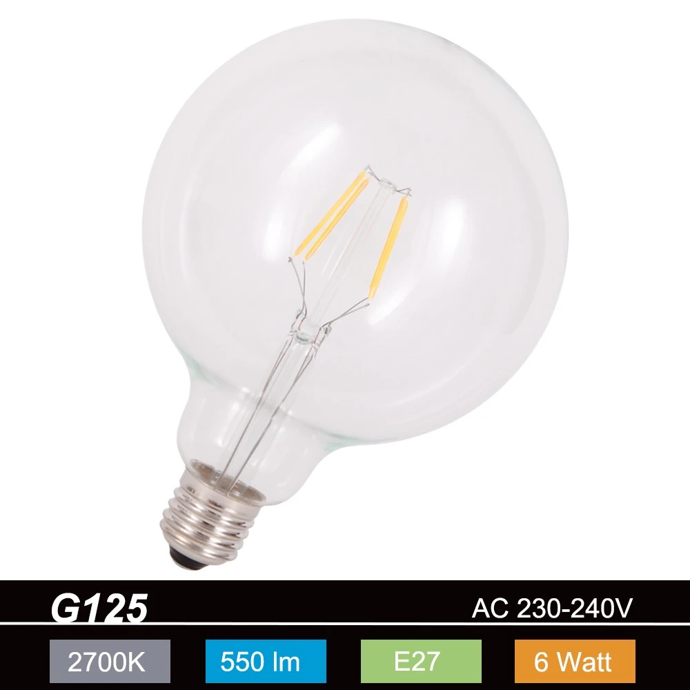 Lichtbogen G125 Globe LED 6 Watt E27 230V - entsprechen 50 Watt, Fadenleuchtmittel